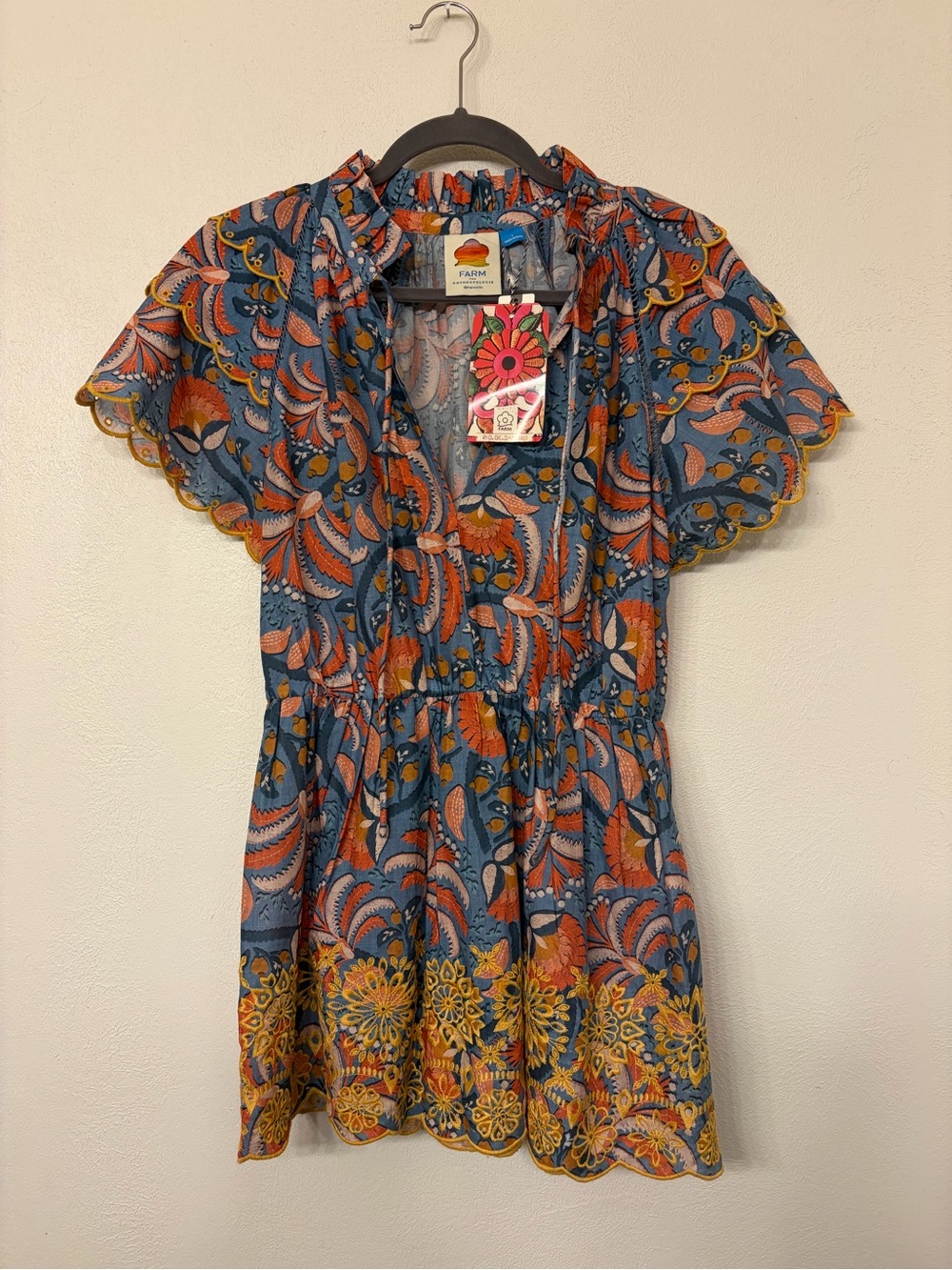 Farm Rio x Anthropologie Blue Printed Richelieu Short-Sleeve Ruffle Blouse L-NWT